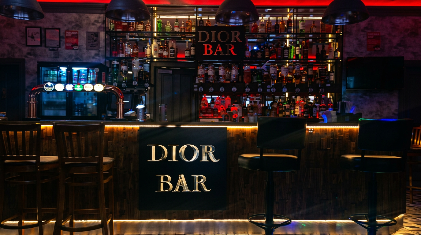 The illuminated DIOR BAR sign on the bar front with backlit spirit shelves in Hamilton