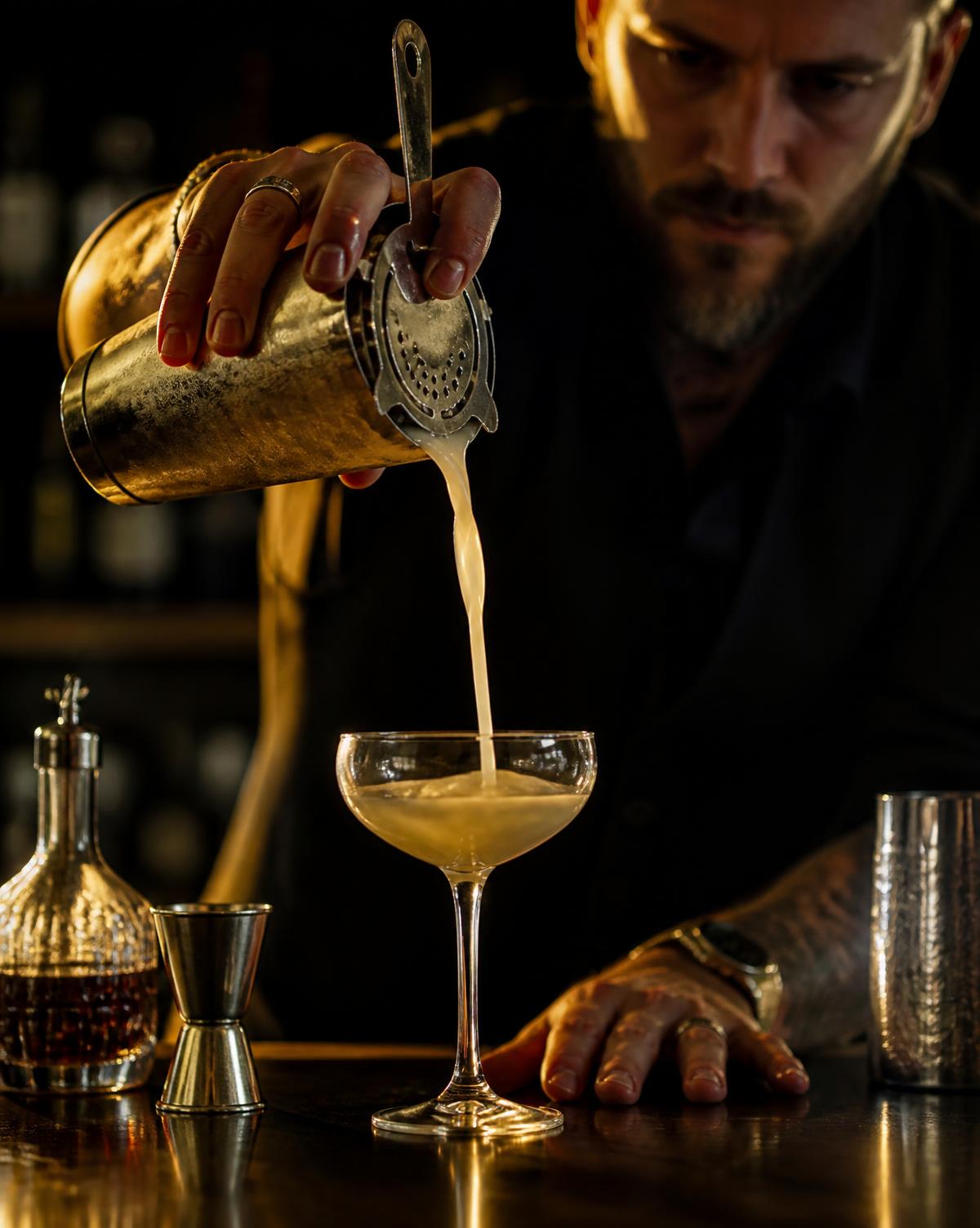 A bartender straining a freshly shaken cocktail into a coupe glass at Dior Bar